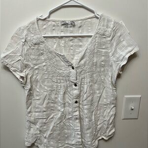 Prana White Button-Up Linen Blouse